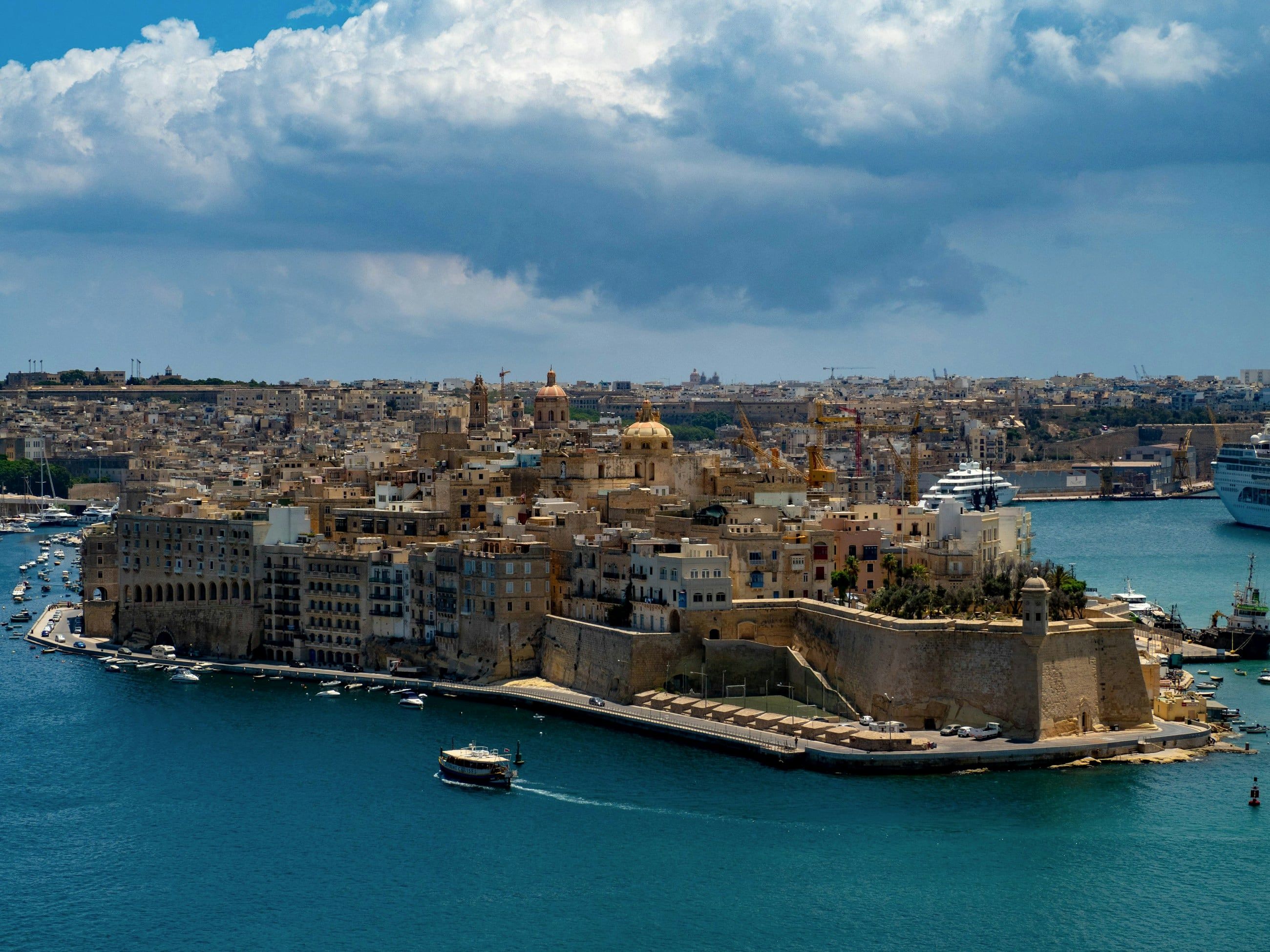 The fortified Grand Harbour seen from the air on a bright day